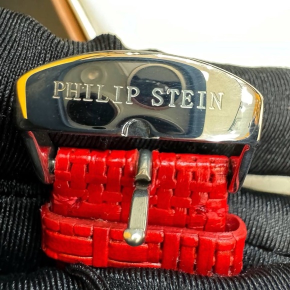 philip stein signature watch MOP dial diamond bezel red wicker strap main image 11